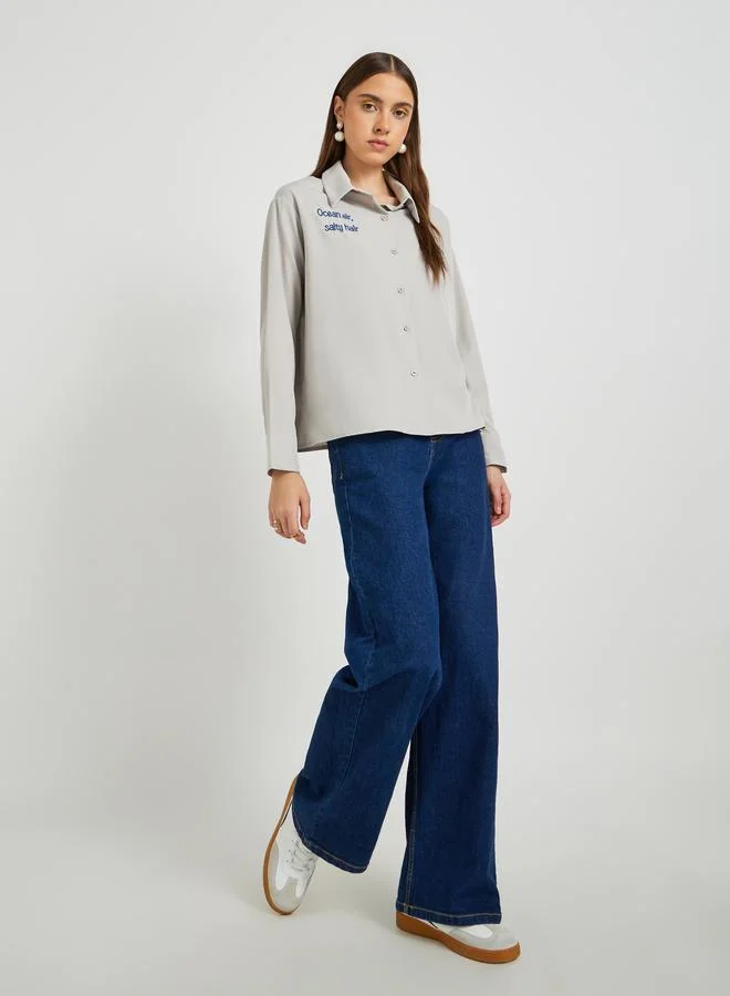 تايك تو Take Two Solid Slogan Embroidery Oversized Shirt