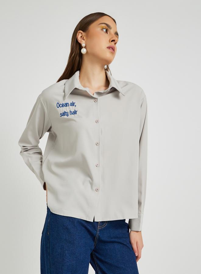 Take Two Solid Slogan Embroidery Oversized Shirt - Image 1