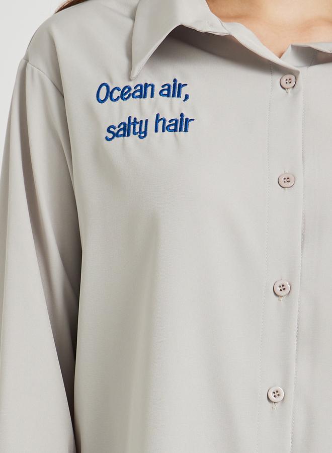 Take Two Solid Slogan Embroidery Oversized Shirt - Image 3