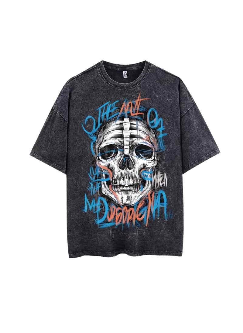 Thirty-One Black Acid Wash Men's Graphic Skull Print Vintage Oversized T-Shirt  - Image 1