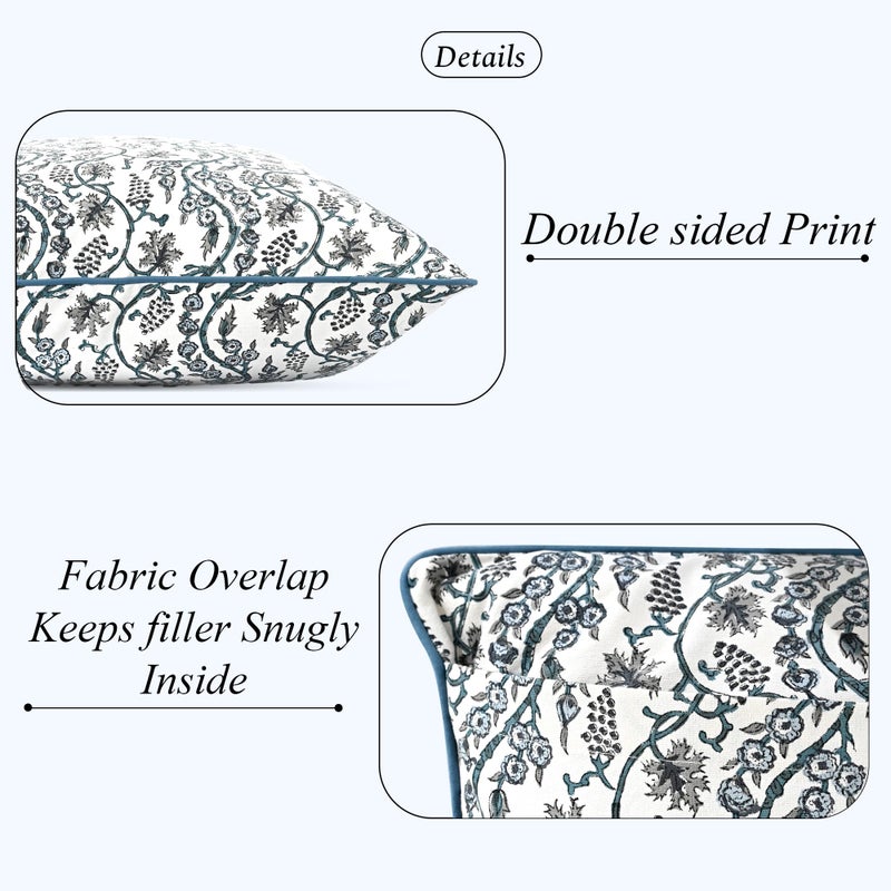 Ridhi Block Print Baby Blue Eyes Pillow Cover 18" x 18" (Pack of 2) Decorative Couch Pillows for Living Room, Chic Boho Cute Outdoor Pillows Covers Gifts for Spring, Easter and Valentine - Image 2