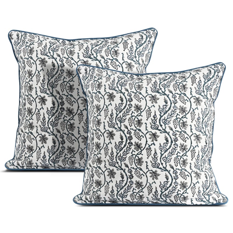 Ridhi Block Print Baby Blue Eyes Pillow Cover 18" x 18" (Pack of 2) Decorative Couch Pillows for Living Room, Chic Boho Cute Outdoor Pillows Covers Gifts for Spring, Easter and Valentine - Image 1