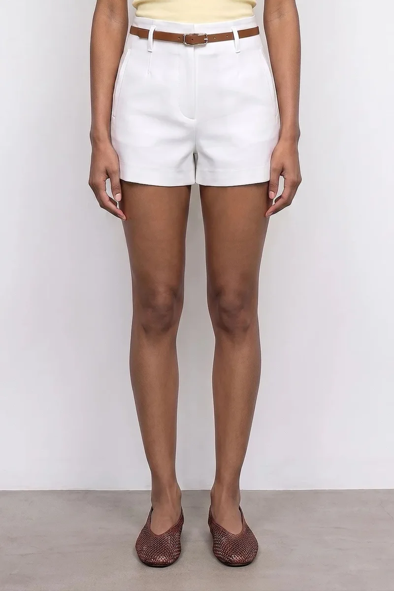 Dilvin White DILVIN High-Waist Tailored Knit Shorts With Belt for Women | Best Price UAE