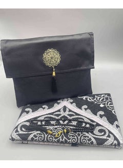 Generic Muslim Prayer Rug and Beads with Portable Elegant Slub Fabric Bag, Janamaz, Sajadah, Soft Islamic Prayers Rug, Islamic Gifts, Prayer Carpet Mat, Taffeta Fabric, Black color pattern  - Image 1