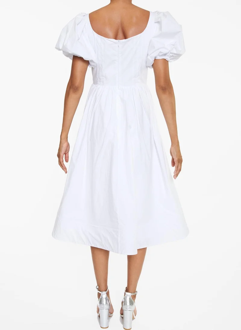 True Decadence Madison White Puff-Sleeve Corset Midi Skater-Dress