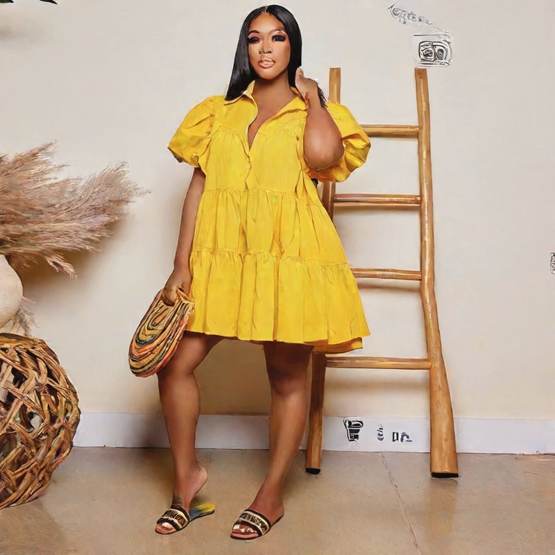 Plus Size Bubble Sleeve Loose Fit Short Sleeve Dress - Image 3