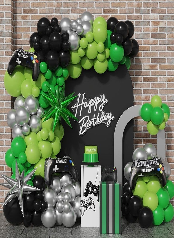 UAEYW 144Pcs Video Game Balloon Arch Garland Kit Green Black Silver Explosion Star Game Controller Mylar Balloons for Boys Kids Game On Level Favor Theme Birthday Party Decorations - Image 1