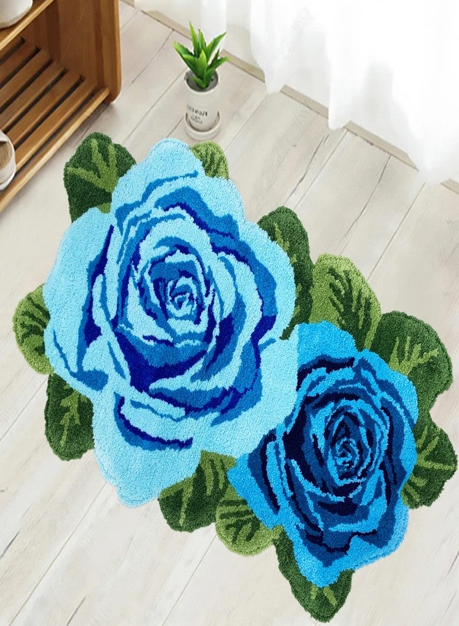 USTIDE Shaggy Bath Rug,Blue Rose Bath Mat, Washable Flower Bathroom Rug, High Pile Non Slip Accent Rug for Vanity Bathtub/Shower/Doorway/Kitchen - Image 1