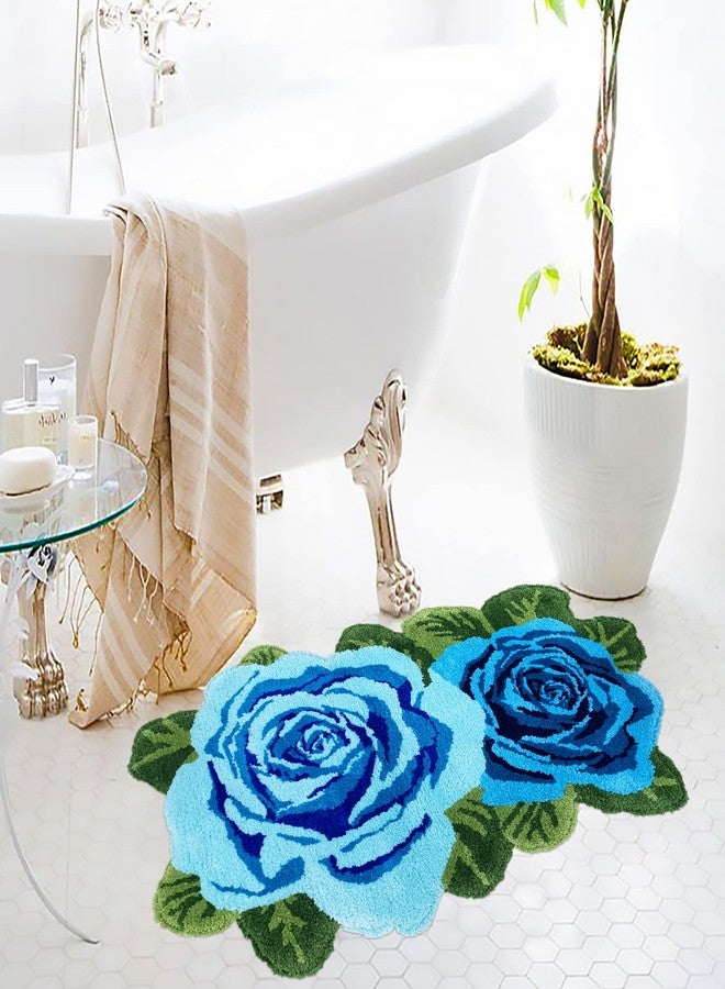 USTIDE Shaggy Bath Rug,Blue Rose Bath Mat, Washable Flower Bathroom Rug, High Pile Non Slip Accent Rug for Vanity Bathtub/Shower/Doorway/Kitchen - Image 2