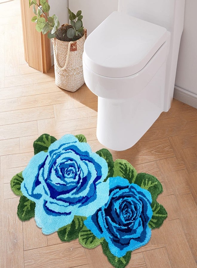 USTIDE Shaggy Bath Rug,Blue Rose Bath Mat, Washable Flower Bathroom Rug, High Pile Non Slip Accent Rug for Vanity Bathtub/Shower/Doorway/Kitchen - Image 4