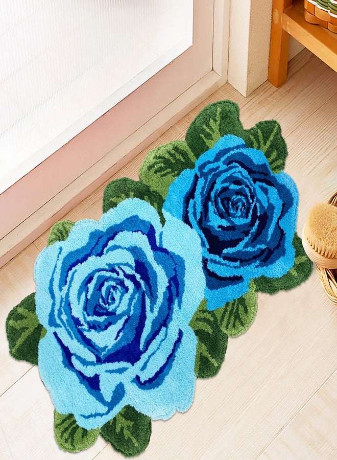 USTIDE Shaggy Bath Rug,Blue Rose Bath Mat, Washable Flower Bathroom Rug, High Pile Non Slip Accent Rug for Vanity Bathtub/Shower/Doorway/Kitchen - Image 3