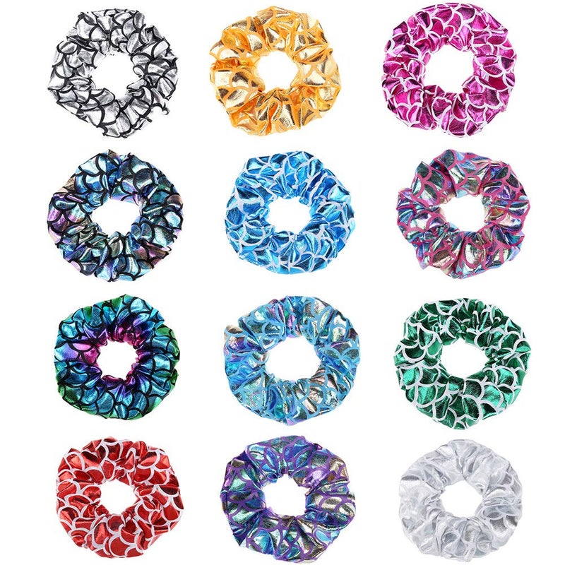 12 Pcs Hair Scrunchies Mermaid Fish Scale Hair Bands Scrunchy Hair Ties Hair Ropes Ponytail Holder Hair Accessories for Women and Girls Color Random