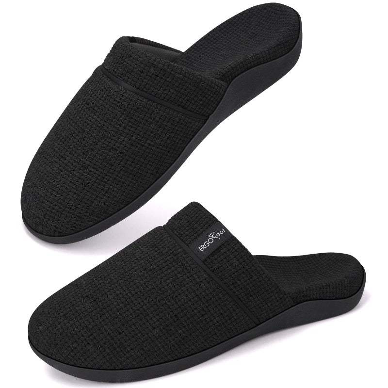 ERGOfoot Orthopedic Slippers for Women, Slip-On Style Summer Slipper with Arch Support, Cozy Comfy Scuff House Shoes for indoor and outdoor with Non-Slip Rubber Sole/Black W9 - Image 1