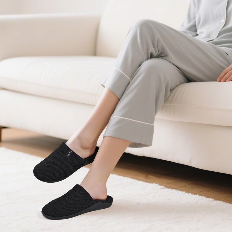 ERGOfoot Orthopedic Slippers for Women, Slip-On Style Summer Slipper with Arch Support, Cozy Comfy Scuff House Shoes for indoor and outdoor with Non-Slip Rubber Sole/Black W9 - Image 2