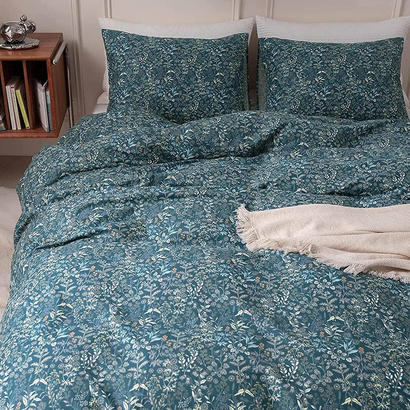 EAVD Reversible Botanical Floral Duvet Cover Queen Soft Cotton Flower Pattern Blue Duvet Cover with 2 Pillowcases Chic Shabby Garden Floral Comforter Set for Girls Women - Image 2