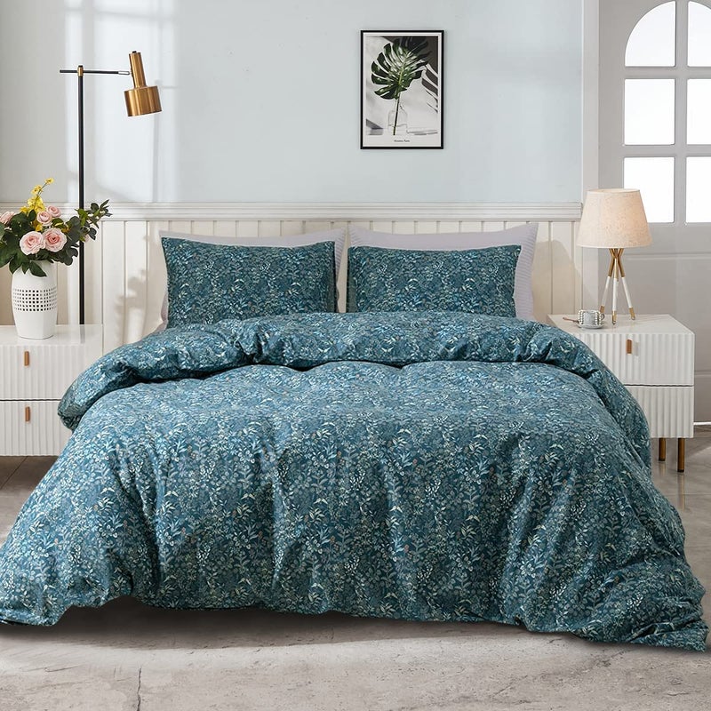 EAVD Reversible Botanical Floral Duvet Cover Queen Soft Cotton Flower Pattern Blue Duvet Cover with 2 Pillowcases Chic Shabby Garden Floral Comforter Set for Girls Women - Image 1