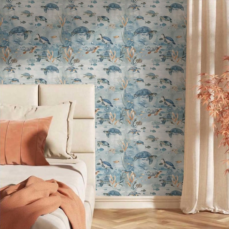 MuralPeel Under The Sea Watercolor Blue Sea Turtle Animal Fish Coral Peel and Stick Wallpaper Self Adhesive Removable Easy Peel Off Stick on Wall Paper for Bedroom Cabinet Renter - Image 3