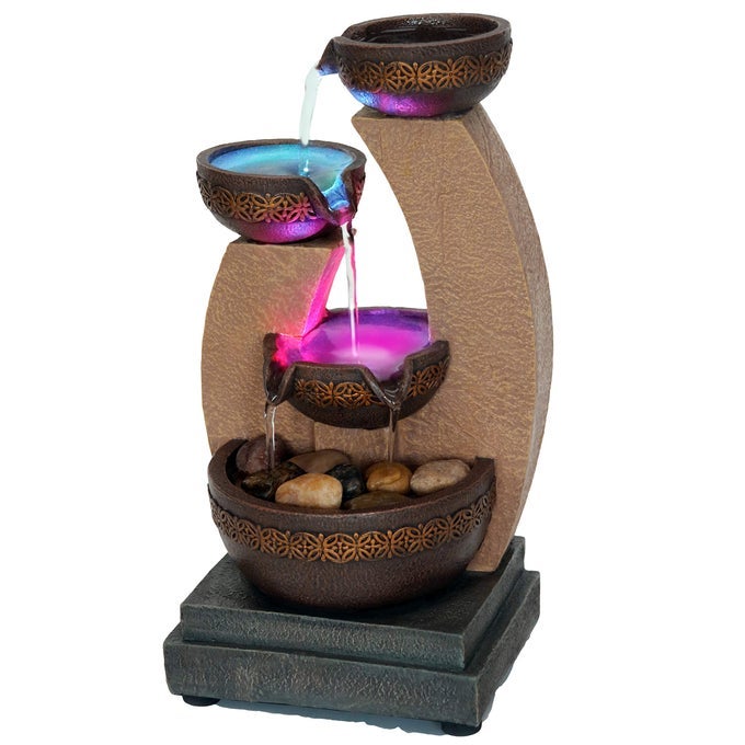 11 H GOLDEN TIERED BOWL FOUNTAIN WITH COLOR CHANGING LED LIGHTS WITH ADAPTER BROWN