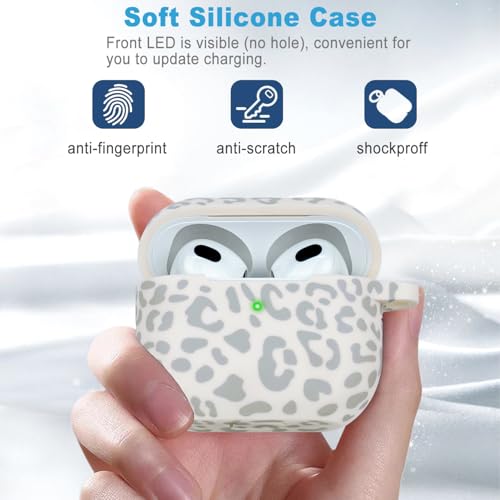 Gawnock Silicone Leopard Compatible with AirPods 3 Case 2021, Gawnock Soft Case Compatible with AirPods 3rd Generation Floral Print Cover for Women Girls with Keychain (Beige Leopard) - Image 5