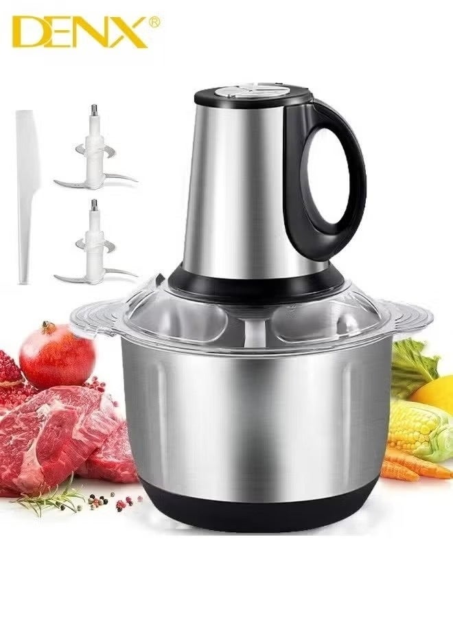 Denx Electric Meat Grinder, Food Processor Blender With 2L Stainless Steel Bowls, Vegetable And Fruit Chopper For Dicing, Mincing, Silver - Image 1