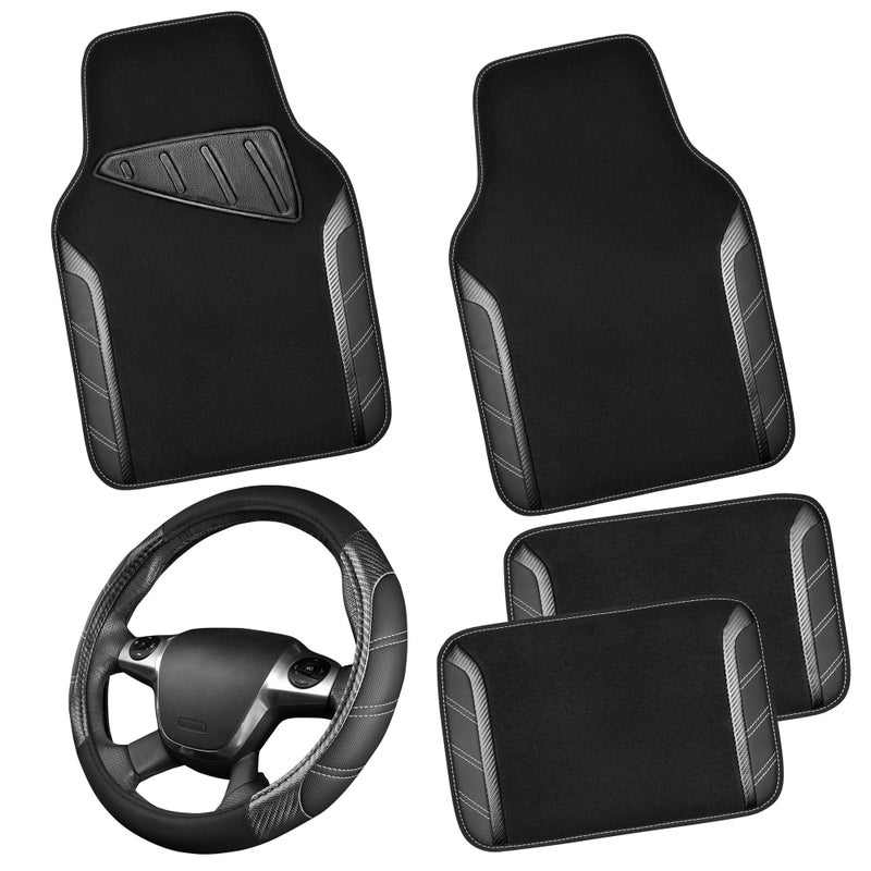CAR PASS Leather Steering Wheel Cover and Waterproof Car Floor MatsMicrofiber Universal Car Combo Fit for 95 SedanSUVCars14515inch Sporty AntiSlip Safety Comfortable DesignCarbon Fiber Black