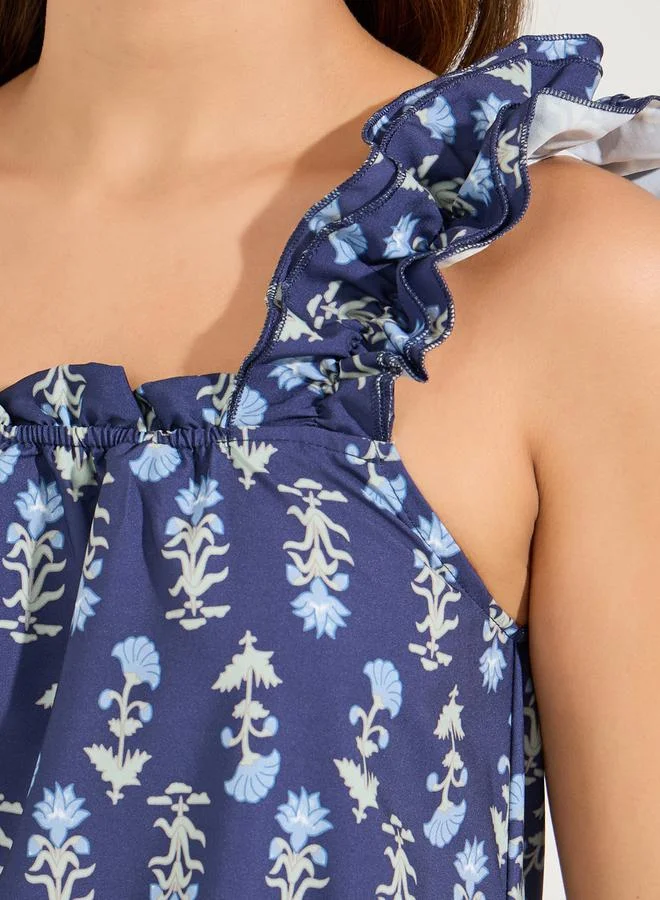 Styli Floral Print Ruffled Strap & Gathered Neck Nightdress