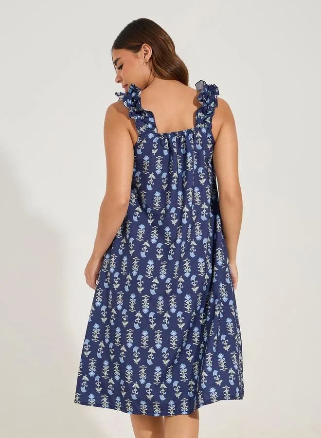 Styli Floral Print Ruffled Strap & Gathered Neck Nightdress