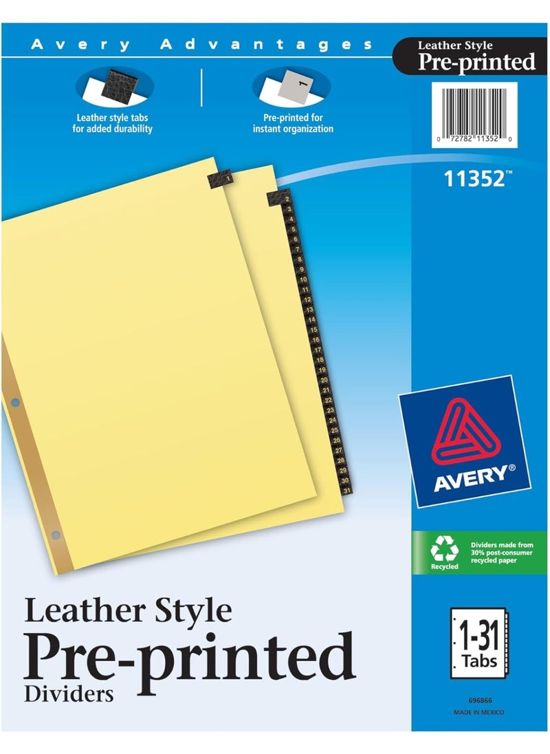 AVERY Avery Gold Reinforced Leather Tab Dividers, 31-Tab, 1-31, Letter Size, Black, 31 per Set (11352)  - Image 1