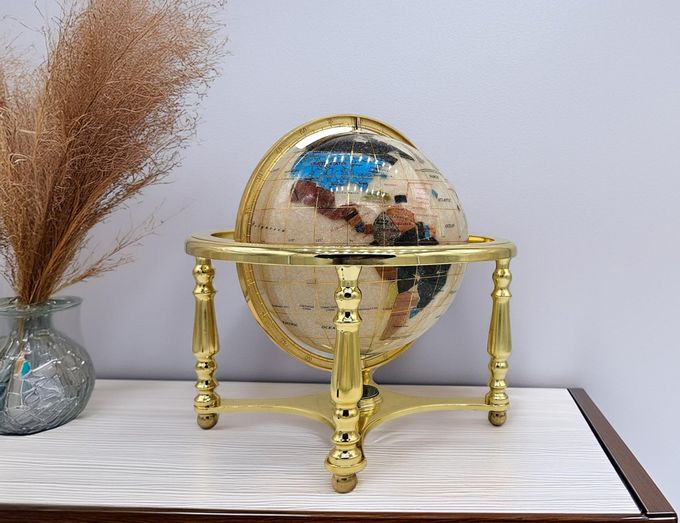 Unique Art Since 1996 Unique Art 13" Tall 9" Diameter Pearl White Ocean Desktop 4-Leg Gold Stand Gemstone Globe - Image 4