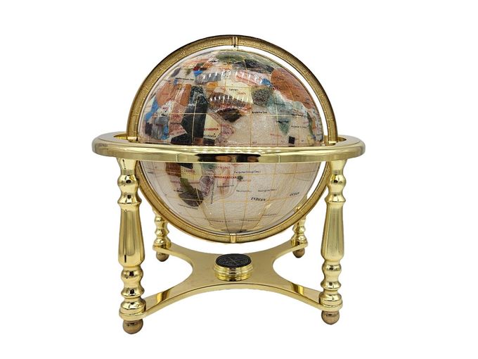 Unique Art Since 1996 Unique Art 13" Tall 9" Diameter Pearl White Ocean Desktop 4-Leg Gold Stand Gemstone Globe - Image 3
