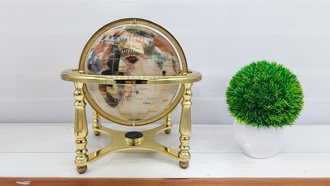 Unique Art Since 1996 Unique Art 13" Tall 9" Diameter Pearl White Ocean Desktop 4-Leg Gold Stand Gemstone Globe - Image 2