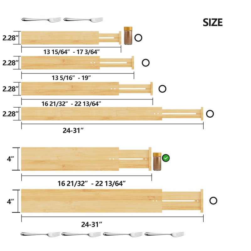 BAMEOS 4" High Drawer Dividers Bamboo Separators Organization Expandable Organizers for Kitchen Bedroom Bathroom Dresser Office 4-pack - Image 2