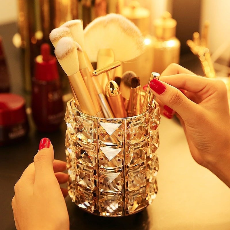 Makeup Brush Storage Box, Metal Handmade Cosmetic Brush Cup, Cosmetic Organizer for Women, Multiple Uses Cup (Gold) - Image 1