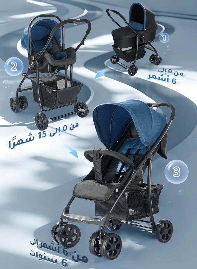 hibobi 3-in-1 Luxury Tow-way Baby Stroller, One-Click Fold, 20cm Shock-Absorbing Rubber Wheels, Detachable Bassinet & Baby Car Seat, Multi-Position Recline, 70kg Capacity, Suitable for 0–6 Years - Image 2