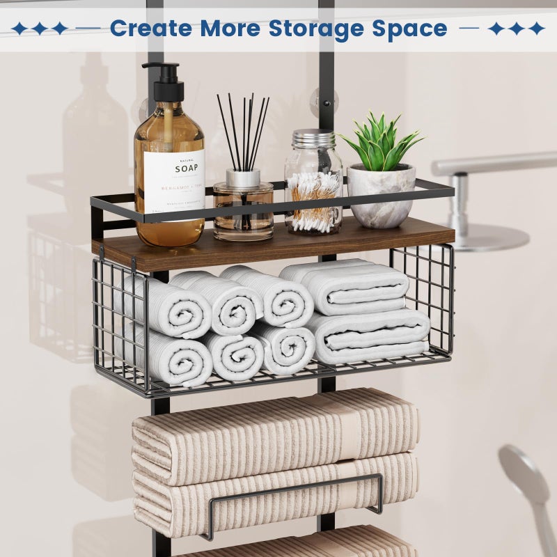 Aetyord Towel Racks for Bathroom Over The Door Towel Racks Towel Storage Organizer with Metal Shelf Basket for Bathroom Rv Camper (7-Tier Black with Brown Plank) - Image 3