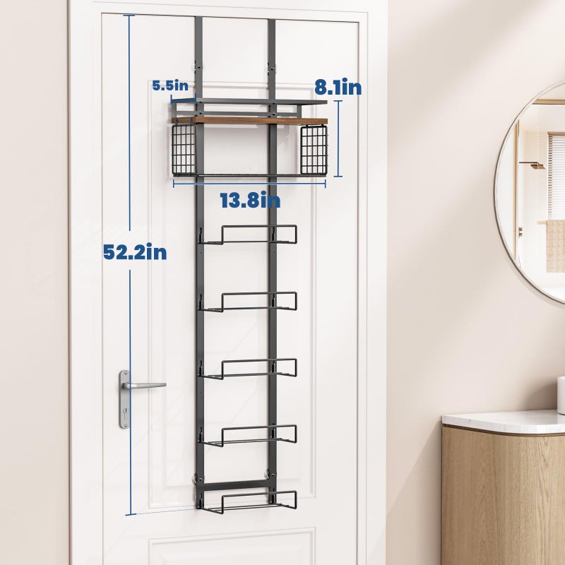 Aetyord Towel Racks for Bathroom Over The Door Towel Racks Towel Storage Organizer with Metal Shelf Basket for Bathroom Rv Camper (7-Tier Black with Brown Plank) - Image 4