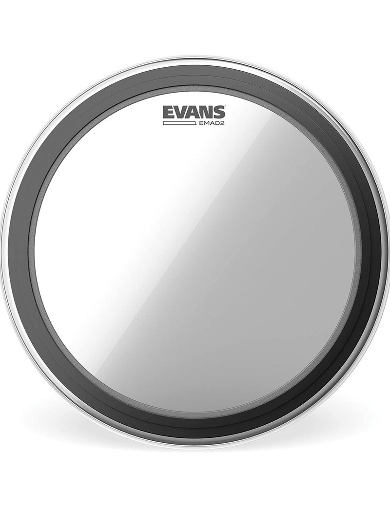 EVANS رأس طبلة Evans EMAD2 Clear Bass مقاس 22 بوصة - نظام تخميد قابل للتعديل مثبت خارجيًا يسمح للاعب بتعديل الهجوم والتركيز - حلقتان تخميد من الرغوة لخيارات الصوت - متعدد الاستخدامات لجميع أنواع الموسيقى - Image 1