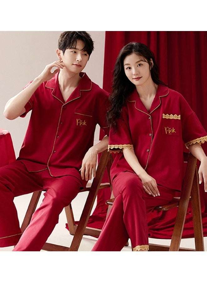 VITION Red Couple Pajamas Summer Cotton Wedding Set for Men and Women, Collared Short-Sleeved Trousers, Newlywed Home Wear (E-6222) - Image 1