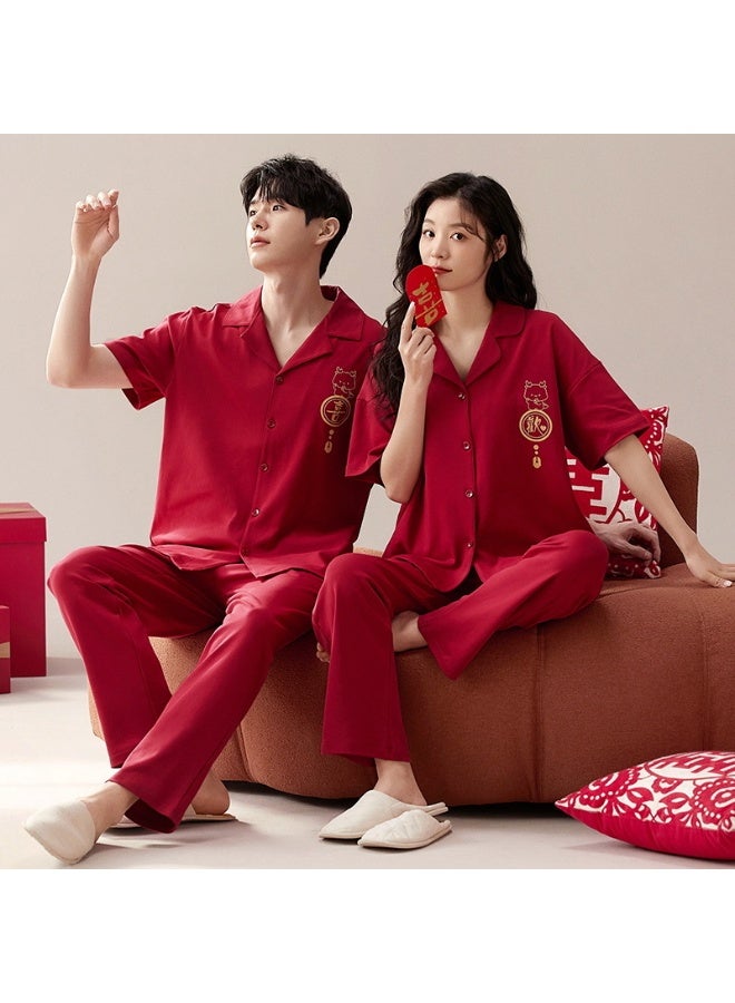 VITION Red Couple Pajamas Summer Cotton Wedding Set for Men and Women, Collared Short-Sleeved Trousers, Newlywed Home Wear (E-6222) - Image 3