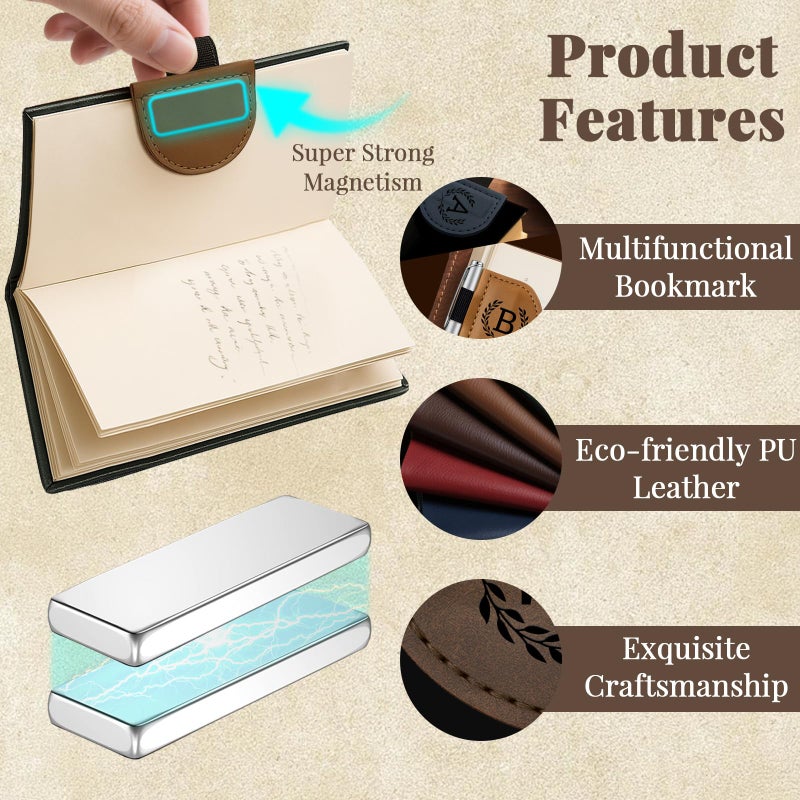JUBOPE Bygone Mark Bookmark with Pen Holder, 26 Name Initial Letters, 5 Retro Colors, Personalized Magnetic Leather Bookmarks Gift for Women and Men Book Lovers, Students, Teachers (Brown, S) - Image 5