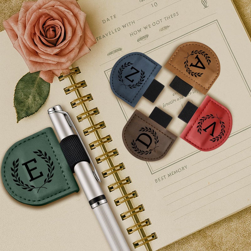 JUBOPE Bygone Mark Bookmark with Pen Holder, 26 Name Initial Letters, 5 Retro Colors, Personalized Magnetic Leather Bookmarks Gift for Women and Men Book Lovers, Students, Teachers (Brown, S) - Image 2