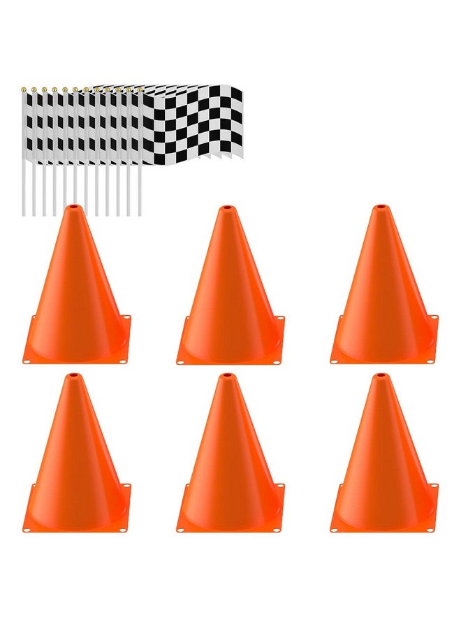 RECER Traffic Cones with Racing Checkered Flags-8 Traffic Cones With Hole on Top, 16 Checkered Flags, Race Car Birthday Party Supplies, Table Centerpiece Decorations, Kids Gift (18PCS) - Image 1