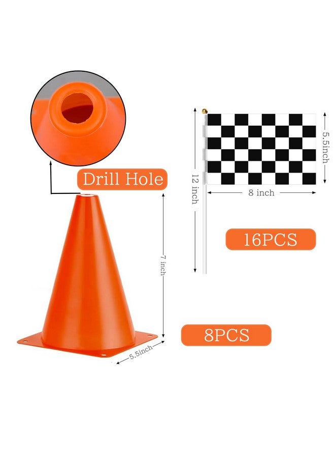 RECER Traffic Cones with Racing Checkered Flags-8 Traffic Cones With Hole on Top, 16 Checkered Flags, Race Car Birthday Party Supplies, Table Centerpiece Decorations, Kids Gift (18PCS) - Image 2