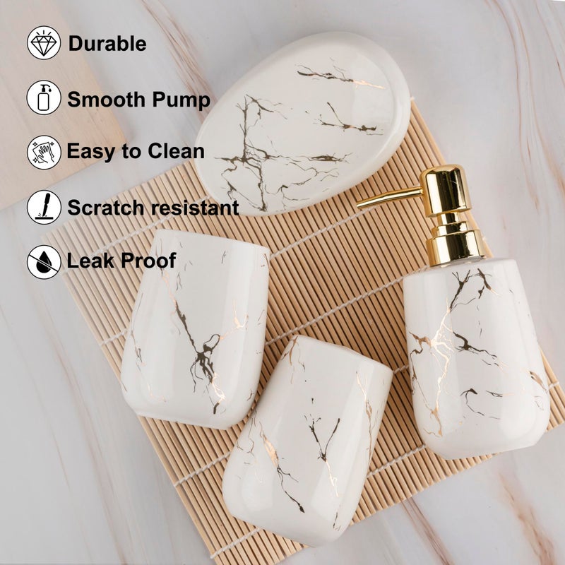 STORE 2508 Store2508 Ceramic 4 Pcs Bathroom Accessory Set Marble Design Model-NQ609 Liquid Soap Dispenser Soap Dish (White) - Image 5