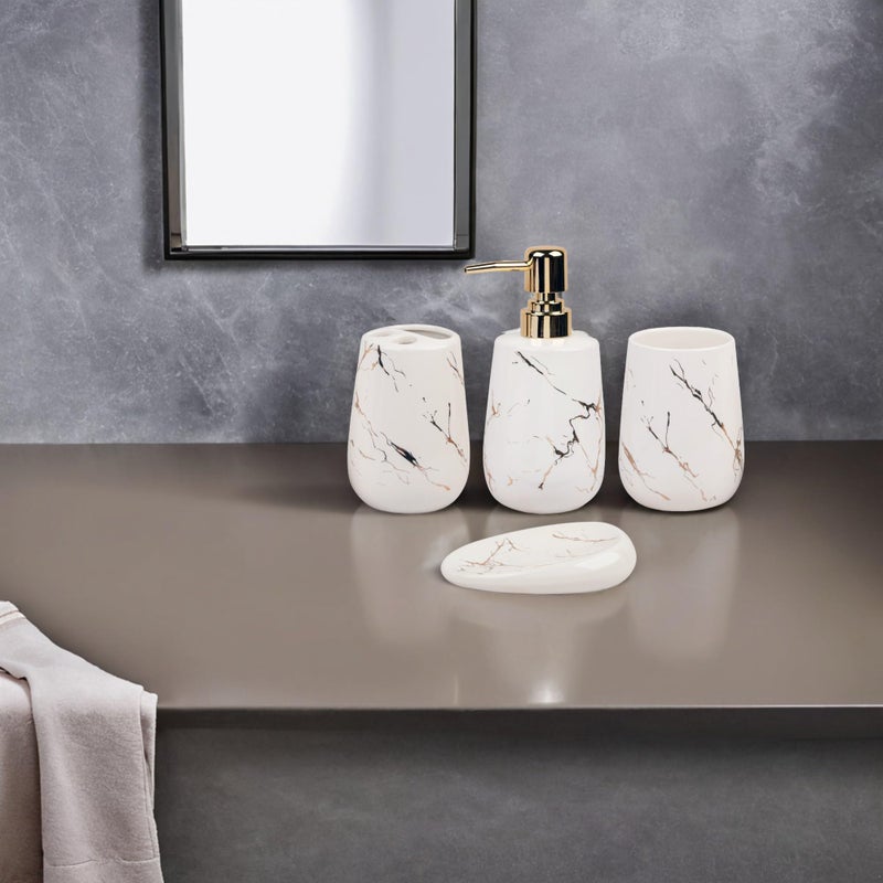 STORE 2508 Store2508 Ceramic 4 Pcs Bathroom Accessory Set Marble Design Model-NQ609 Liquid Soap Dispenser Soap Dish (White) - Image 4