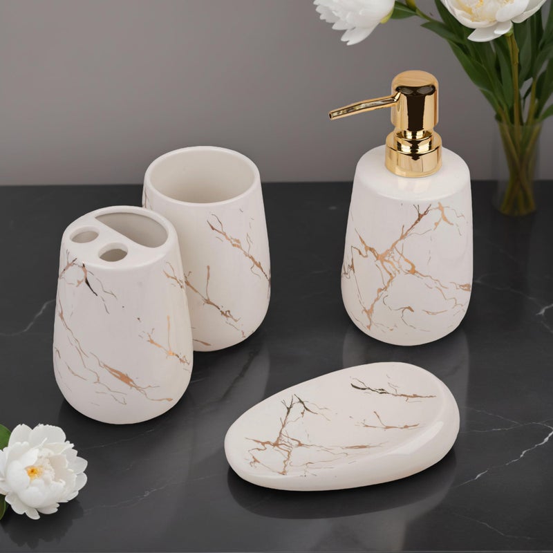 STORE 2508 Store2508 Ceramic 4 Pcs Bathroom Accessory Set Marble Design Model-NQ609 Liquid Soap Dispenser Soap Dish (White) - Image 2