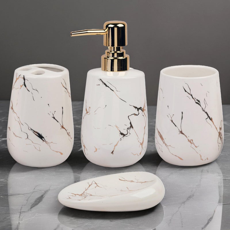 STORE 2508 Store2508 Ceramic 4 Pcs Bathroom Accessory Set Marble Design Model-NQ609 Liquid Soap Dispenser Soap Dish (White) - Image 1