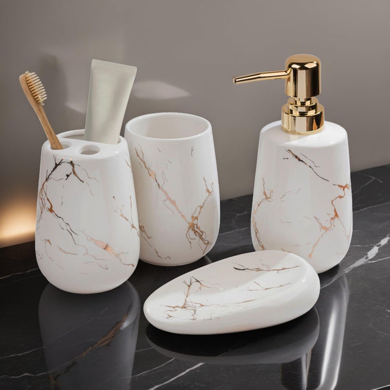 STORE 2508 Store2508 Ceramic 4 Pcs Bathroom Accessory Set Marble Design Model-NQ609 Liquid Soap Dispenser Soap Dish (White) - Image 3