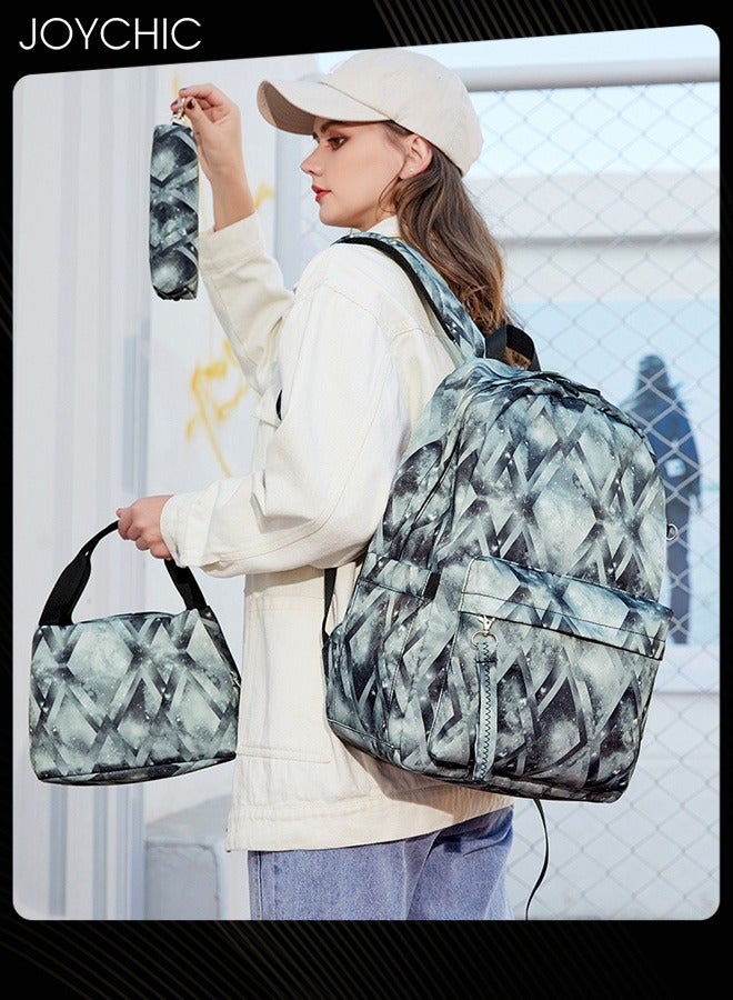 Joychic 3-Piece Graphic Printed Casual Backpack Waterproof Durable School Bag with USB Charging and Lunch Box Pencil Pouch Grey for Middle High College Students - Image 1