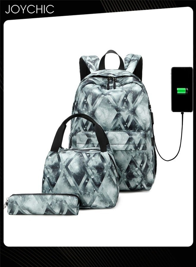 Joychic 3-Piece Graphic Printed Casual Backpack Waterproof Durable School Bag with USB Charging and Lunch Box Pencil Pouch Grey for Middle High College Students - Image 4